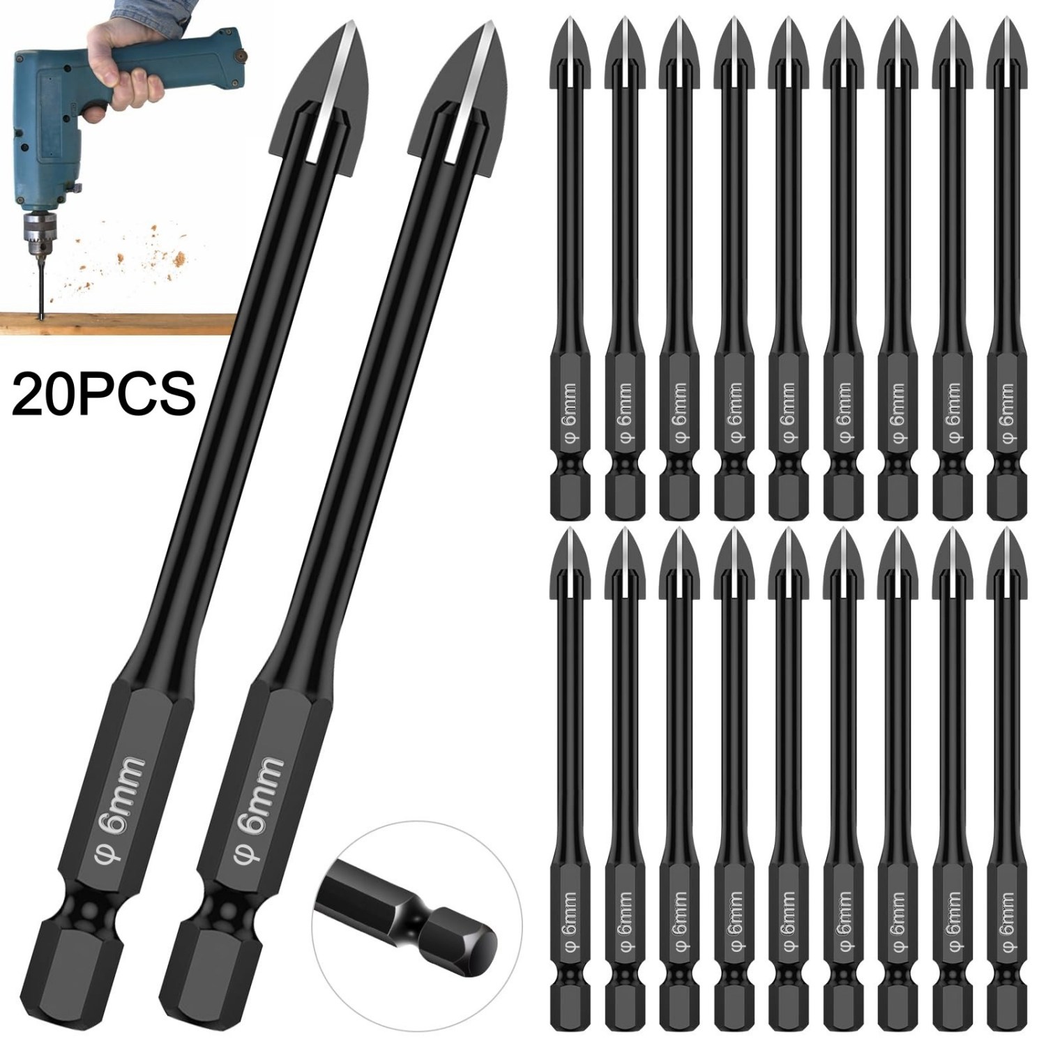 Nozzle Tungsten - 20-teiliges Glas-Beton-Bohrerset mit Sechskantschaft und Wolframkarbidspitze,